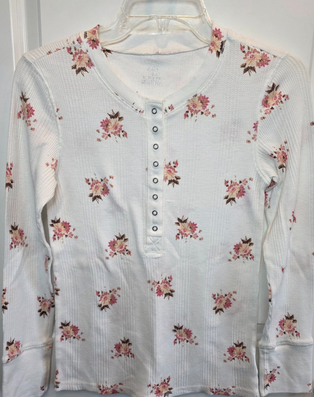Aerie Coquette Floral Top Long Sleeve Womens Small White Waffle Knit Henley